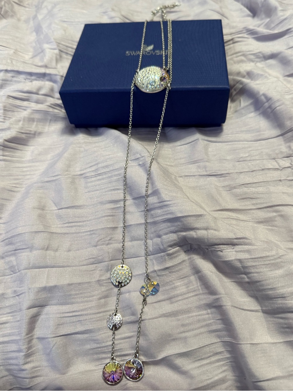 Swarovski Silver Necklace with Pink and Iridescent Crystal Drops